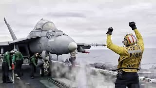 FA18 Super Hornets Launch From USS Theodore Roosevelt [upl. by Nailil]