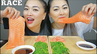 RAW SALMON SASHIMI RACE CHALLENGE SISTER REUNITED EDITION LETS EAT  SASVlogs [upl. by Mitran]