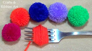 Super Easy Pom Pom Making Ideas with Fork  Hand Embroidery Amazing Trick Easy Woolen Flower Making [upl. by Blunk3]