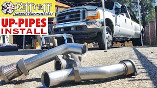 2001 F350 73  RiffRaff UpPipes Install  Stock up pipes leaking and falling apart JUNK SP [upl. by Nager]