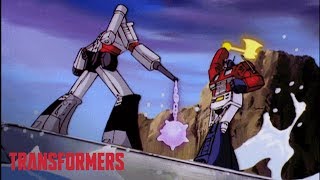 Optimus Prime vs Megatron Top 5 Fights  Series Mashup  Generation 1  Transformers Official [upl. by Riva390]