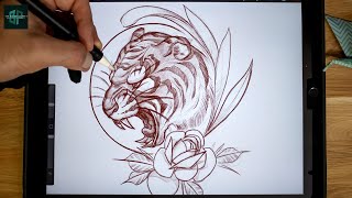 How to draw a Tattoo Design from Beginning to End  Neo Traditional Tiger Sketch [upl. by Constantia]