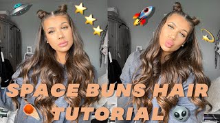 SPACE BUNS HALF UP HALF DOWN HAIR TUTORIAL  Katherine Isabelle [upl. by Lenssen]