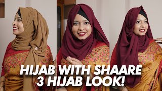 How To Style Hijab With Saree  3 Different Party Hijab Style  Khudalagse [upl. by Odele]